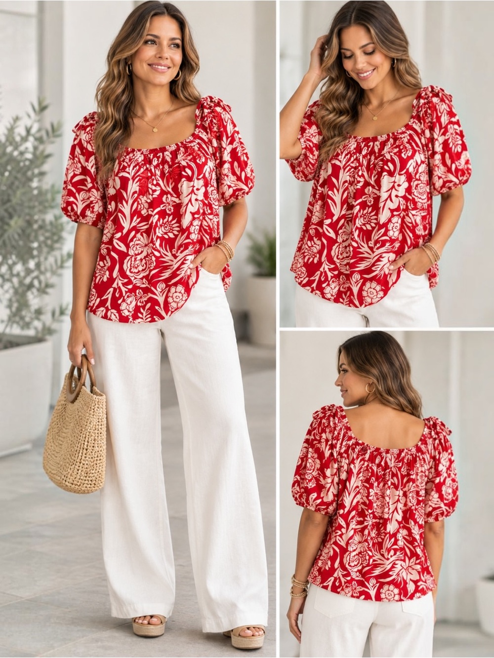 Knox Rose XXL Red Floral Peasant Blouse Puff Sleeve Square Neck Boho Rayon